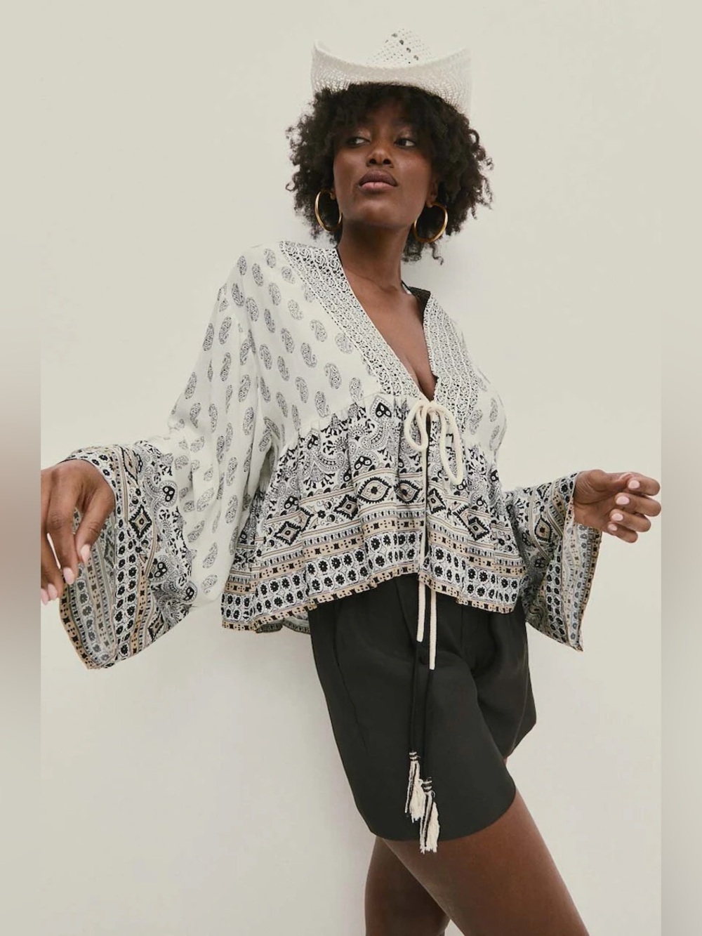 Zara Cream and Black Paisley Open-Front Cardigan Blouse Linen Size Medium